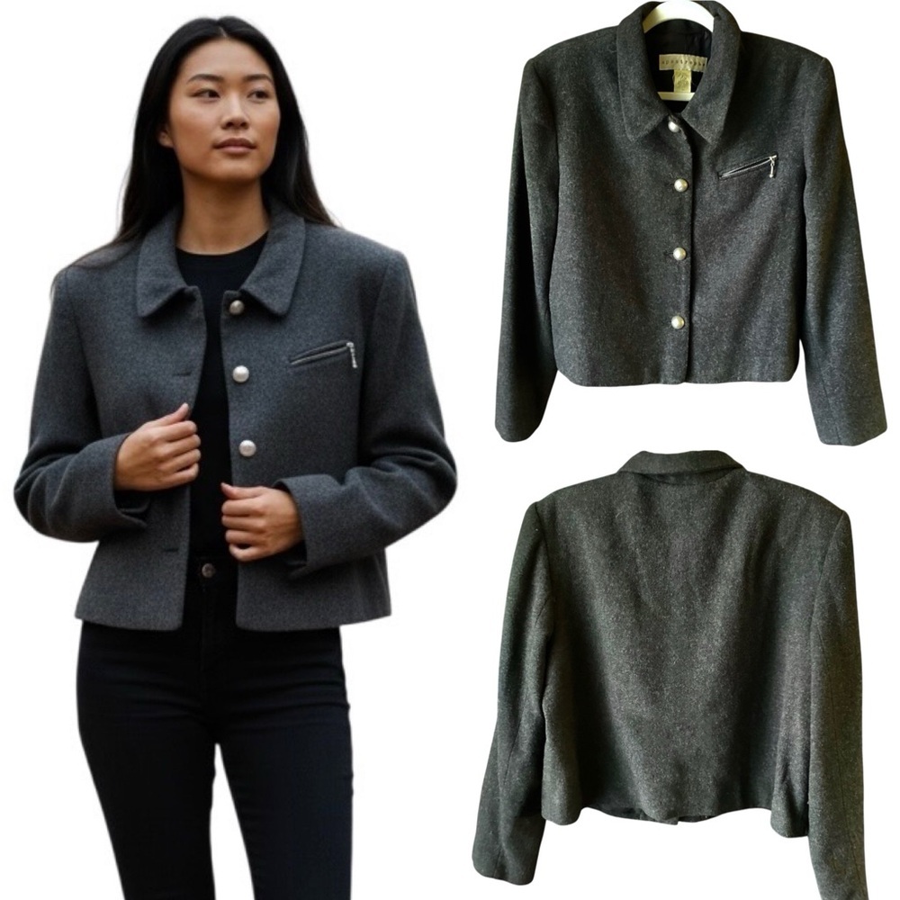 Apostrophe Charcoal Blazer Wool Blend Jacket Gray Dome Buttons Cropped  Size 14